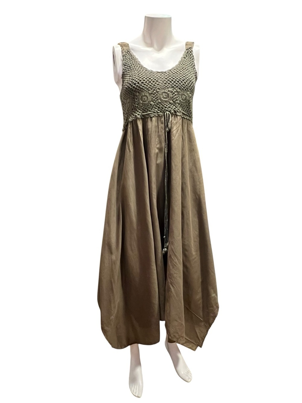 MG Collection Olive Crochet Bodice Maxi Dress